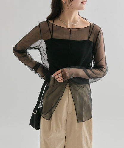 透視開衩網紗上衣