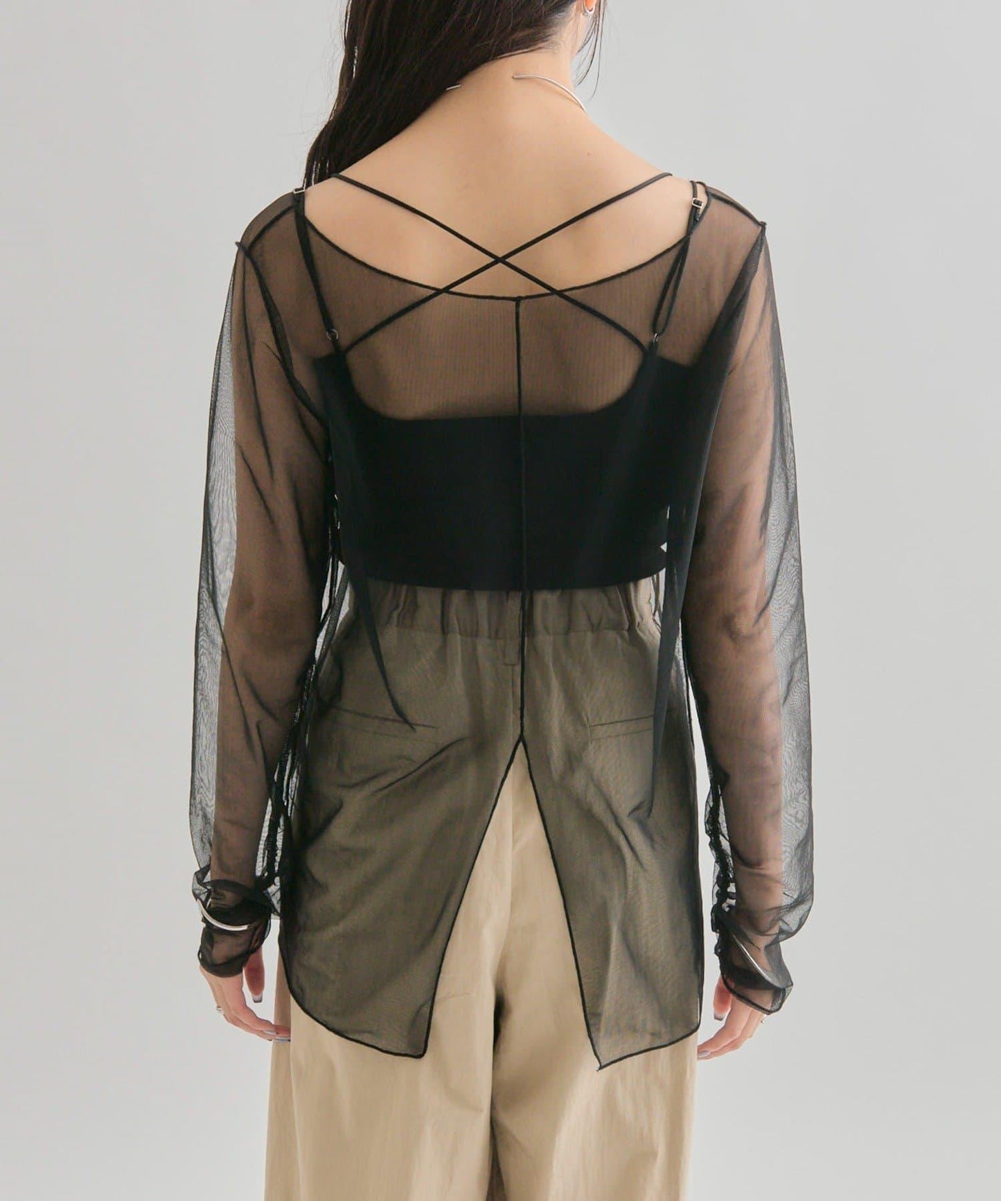 透視開衩網紗上衣