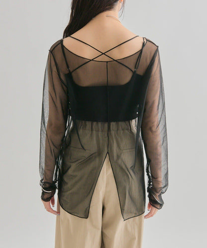 透視開衩網紗上衣