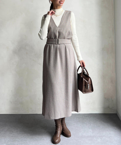 內搭套裝高腰帶連衣裙