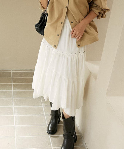 鉚釘裝飾不對稱層疊半身裙