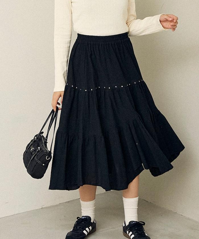 鉚釘裝飾不對稱層疊半身裙