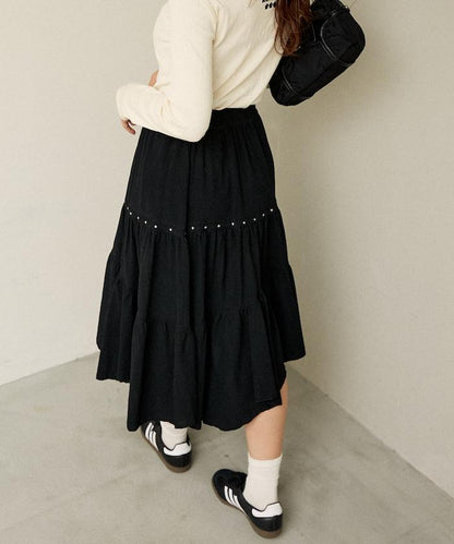 鉚釘裝飾不對稱層疊半身裙