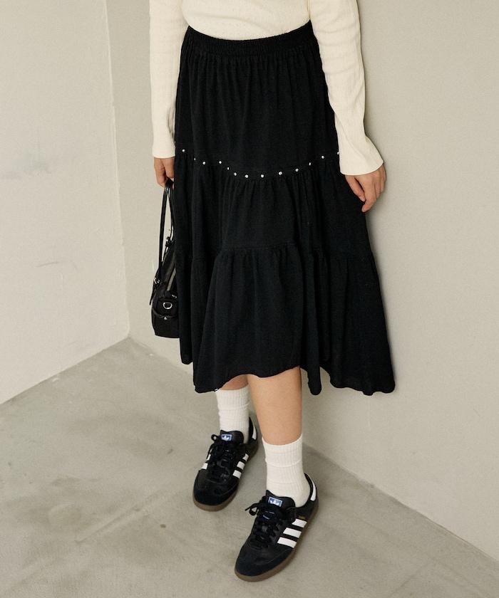 鉚釘裝飾不對稱層疊半身裙