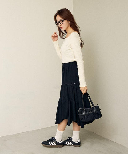 鉚釘裝飾不對稱層疊半身裙