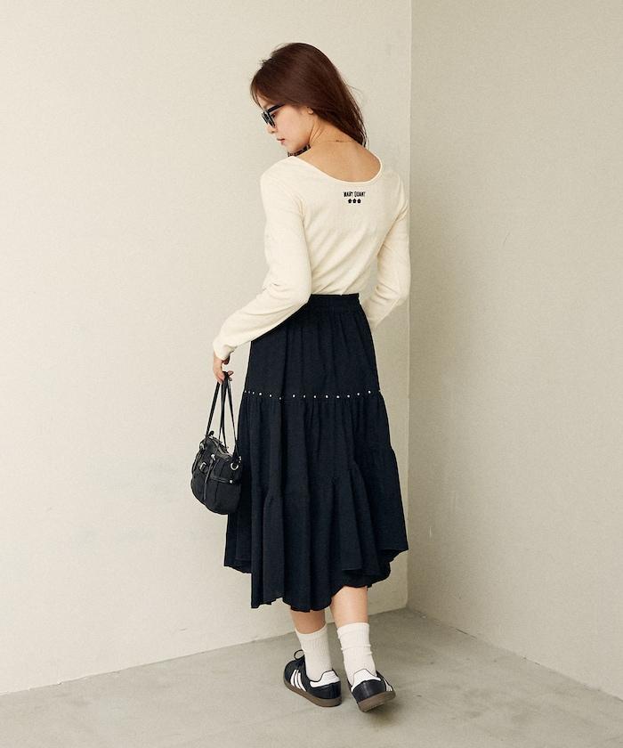 鉚釘裝飾不對稱層疊半身裙