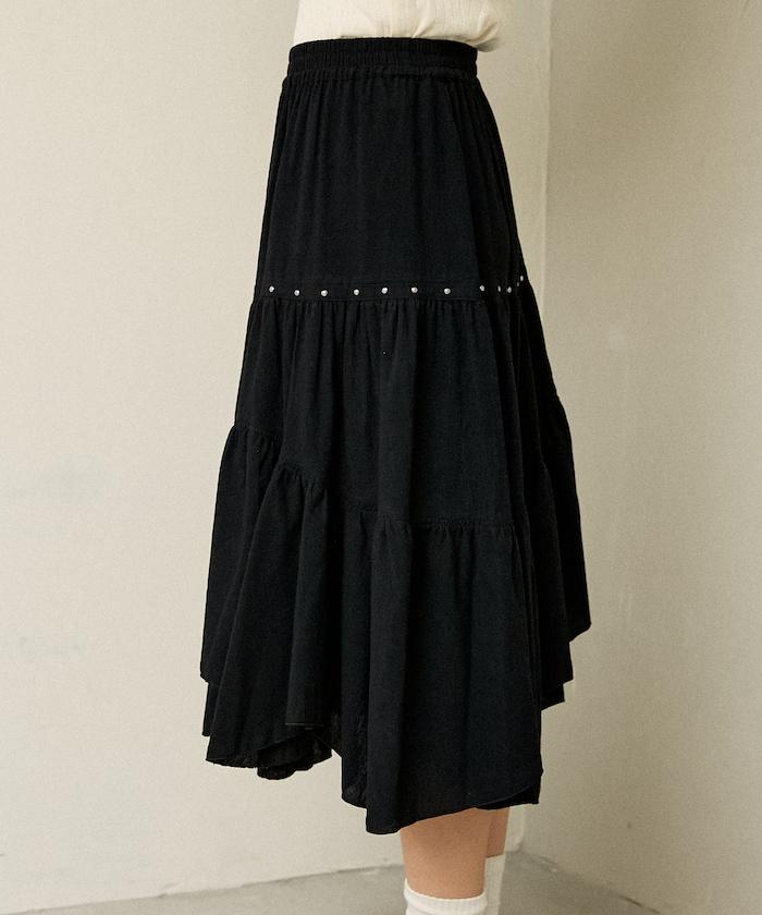 鉚釘裝飾不對稱層疊半身裙