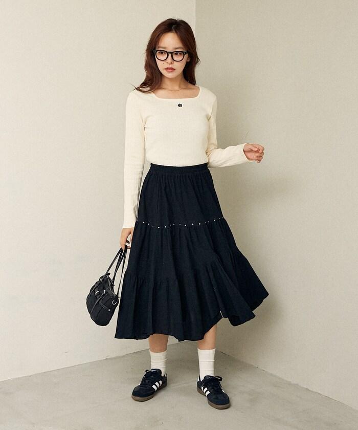 鉚釘裝飾不對稱層疊半身裙