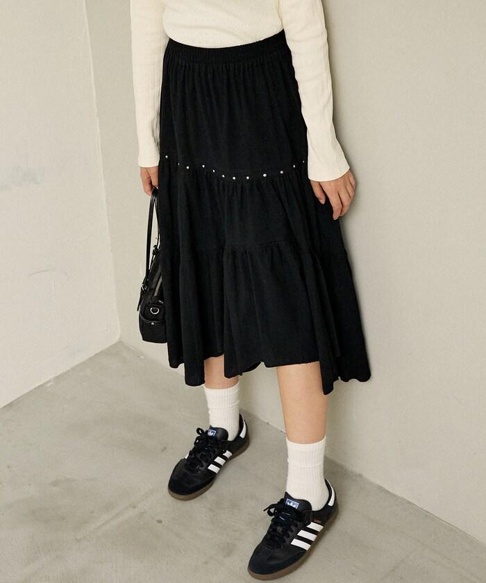 鉚釘裝飾不對稱層疊半身裙