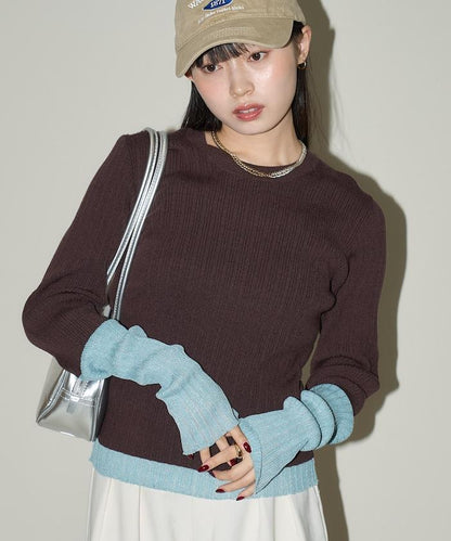 袖配色 リブニット トップス 　限定展開