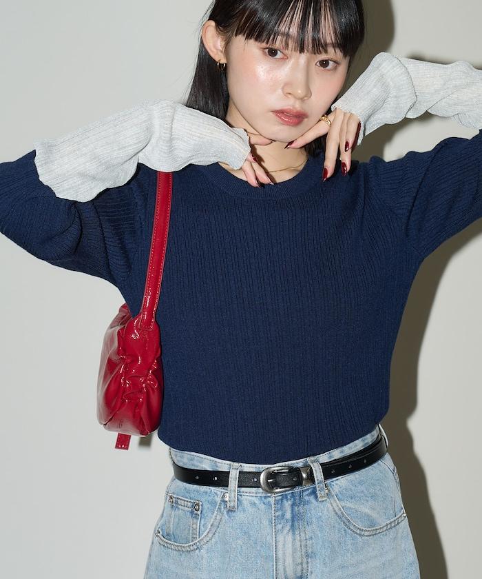 袖配色 リブニット トップス 　限定展開