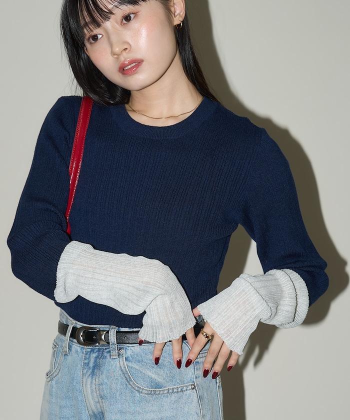 袖配色 リブニット トップス 　限定展開