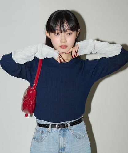 袖配色 リブニット トップス 　限定展開