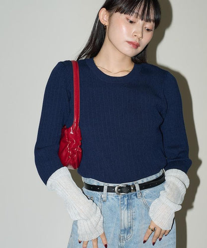 袖配色 リブニット トップス 　限定展開
