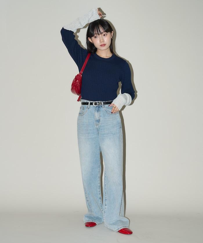 袖配色 リブニット トップス 　限定展開