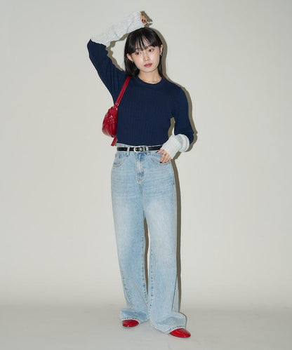 袖配色 リブニット トップス 　限定展開