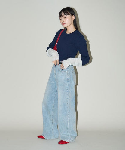 袖配色 リブニット トップス 　限定展開