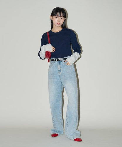 袖配色 リブニット トップス 　限定展開