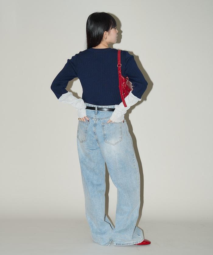 袖配色 リブニット トップス 　限定展開