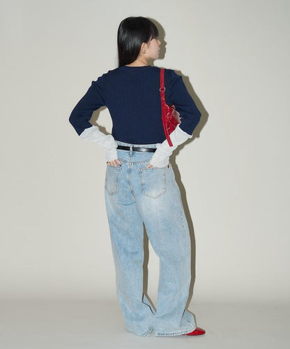 袖配色 リブニット トップス 　限定展開