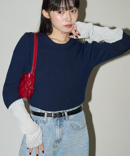 袖配色 リブニット トップス 　限定展開