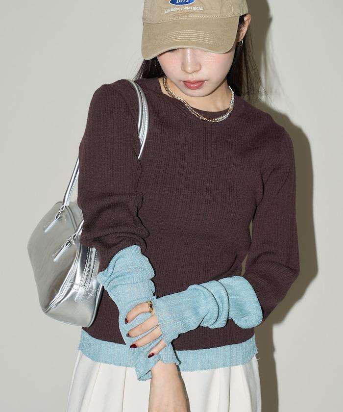袖配色 リブニット トップス 　限定展開
