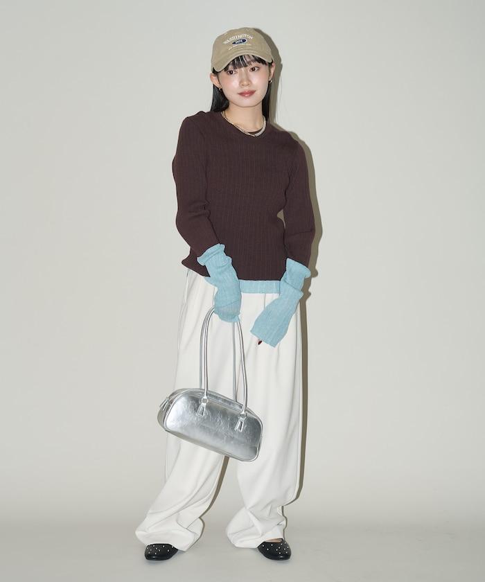 袖配色 リブニット トップス 　限定展開