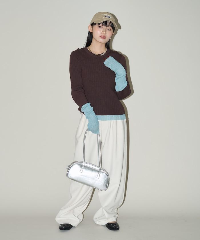 袖配色 リブニット トップス 　限定展開