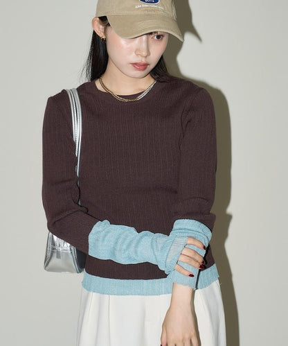 袖配色 リブニット トップス 　限定展開