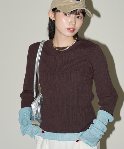 袖配色 リブニット トップス 　限定展開