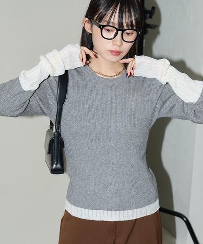 袖配色 リブニット トップス 　限定展開