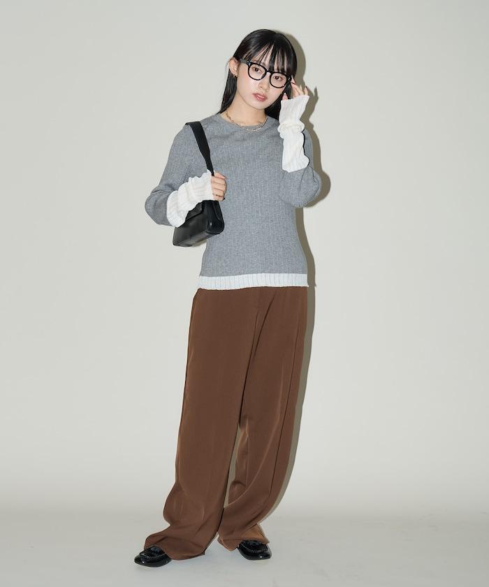 袖配色 リブニット トップス 　限定展開