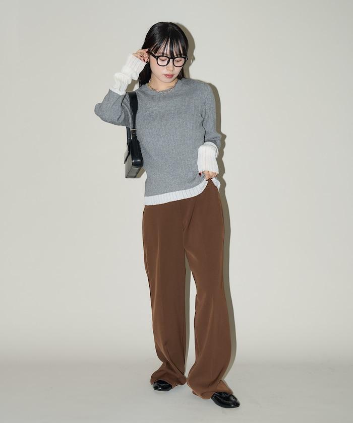 袖配色 リブニット トップス 　限定展開