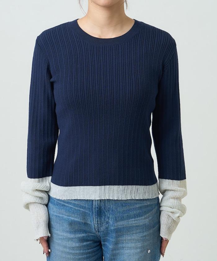 袖配色 リブニット トップス 　限定展開