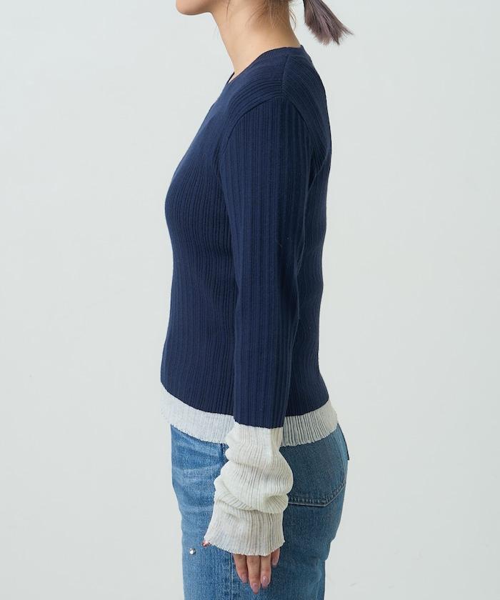 袖配色 リブニット トップス 　限定展開