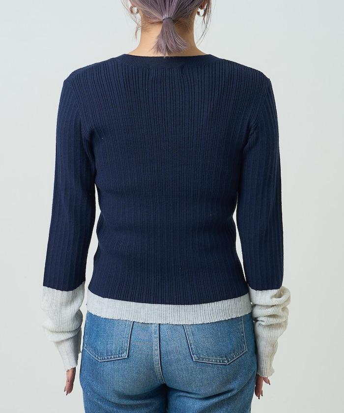 袖配色 リブニット トップス 　限定展開