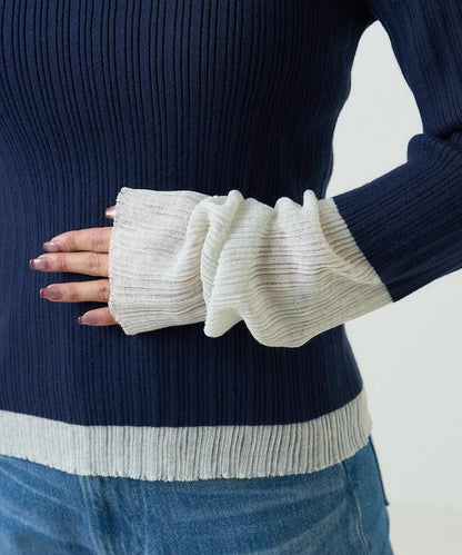 袖配色 リブニット トップス 　限定展開