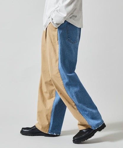 拼接牛仔休閒褲 / 寬鬆直筒褲