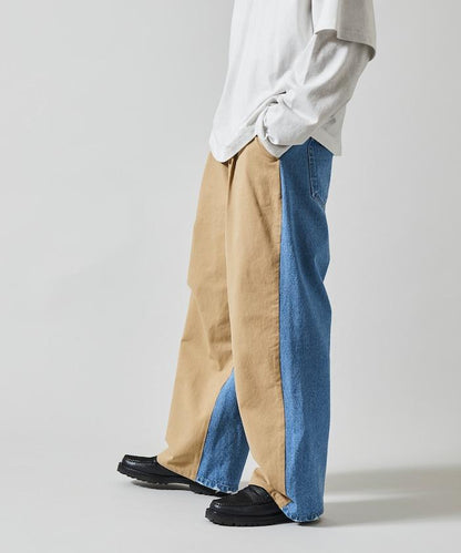 拼接牛仔休閒褲 / 寬鬆直筒褲
