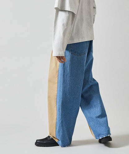 拼接牛仔休閒褲 / 寬鬆直筒褲
