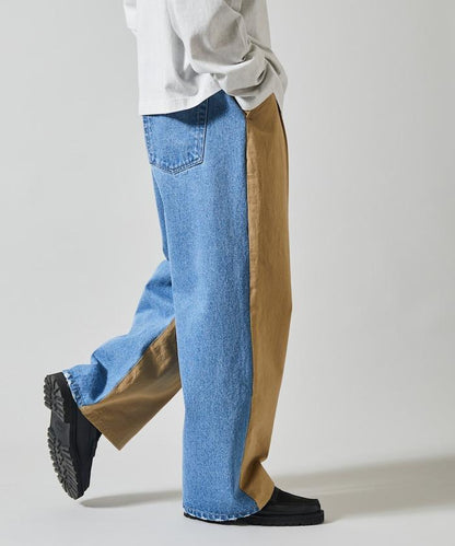 拼接牛仔休閒褲 / 寬鬆直筒褲