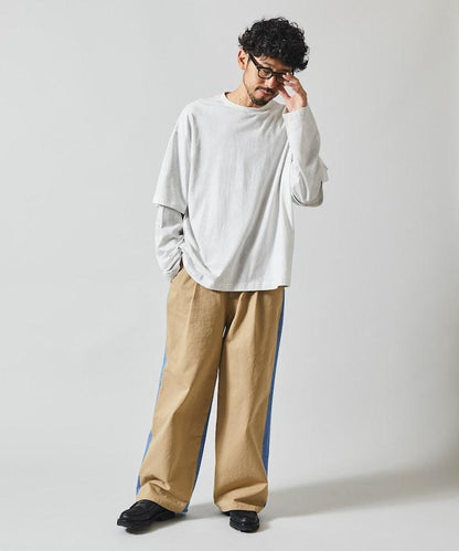 拼接牛仔休閒褲 / 寬鬆直筒褲