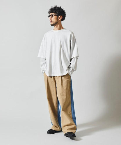 拼接牛仔休閒褲 / 寬鬆直筒褲