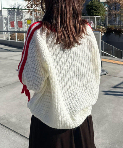 袖部條紋蝴蝶結插肩袖針織衫