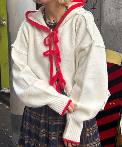 拼色蝴蝶結針織連帽衫