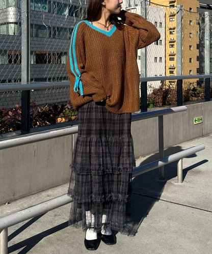 袖部條紋蝴蝶結插肩袖針織衫