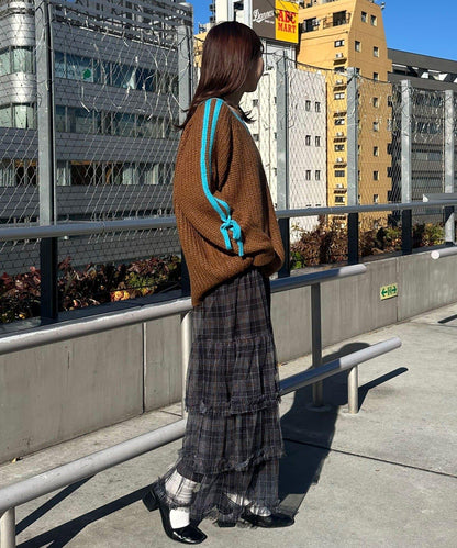 袖部條紋蝴蝶結插肩袖針織衫