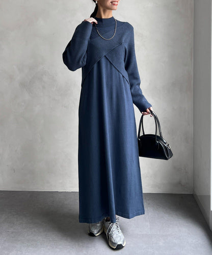 交叉套頭針織連衣裙