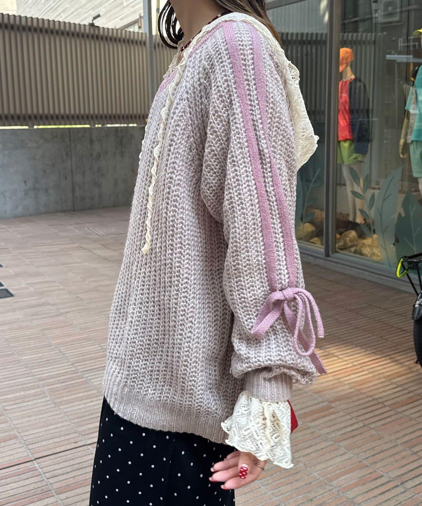 袖部條紋蝴蝶結插肩袖針織衫