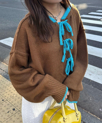 拼色蝴蝶結針織連帽衫